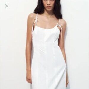 Zara Gaberdine Midi Dress with Bow Ties Size Medium NWT White